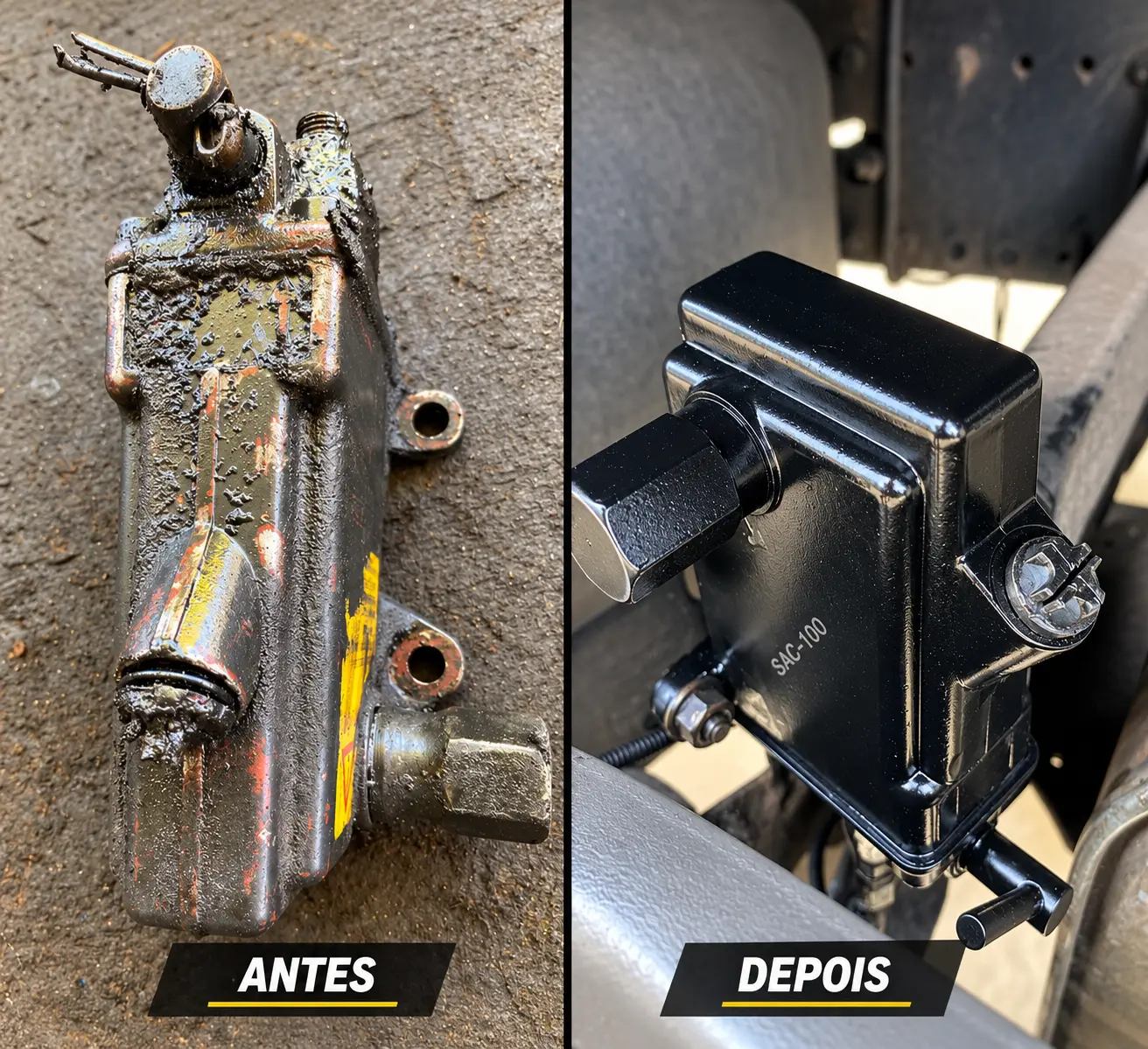 Bomba de cabine de caminhão antes e depois da restauração na Cardan Truck